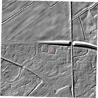 Shaded relief map of the ground around HU179GT, computed from Environment Agency LiDAR. The ground here sits at about 6 m above sea level and falls 10 m across the surrounding 800 m. Surface water reaching this point runs off ground lying to the north-east, 5.4 m higher.
