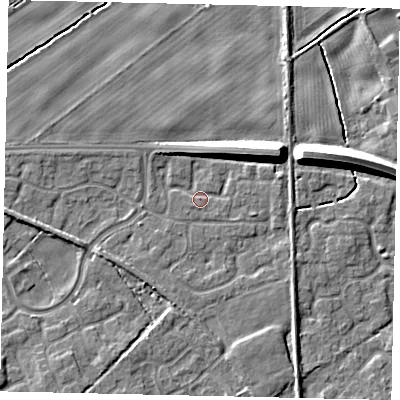Shaded relief map of the ground around HU179GU, computed from Environment Agency LiDAR. The ground here sits at about 6 m above sea level and falls 9 m across the surrounding 800 m. Surface water reaching this point runs off ground lying to the north-north-east, 5.3 m higher.