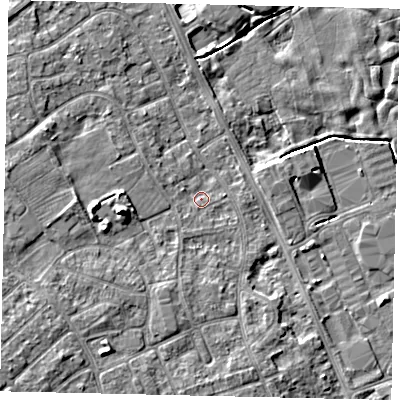 Shaded relief map of the ground around HU179LF, computed from Environment Agency LiDAR. The ground here sits at about 4 m above sea level and falls 6 m across the surrounding 800 m. Surface water reaching this point runs off ground lying to the west, 4.3 m higher.