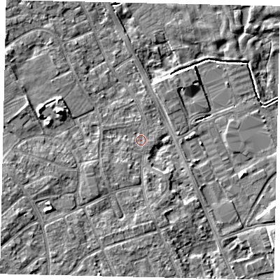 Shaded relief map of the ground around HU179NS, computed from Environment Agency LiDAR. The ground here sits at about 4 m above sea level and falls 7 m across the surrounding 800 m. Surface water reaching this point runs off ground lying to the west-south-west, 0.8 m higher.