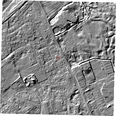 Shaded relief map of the ground around HU179NY, computed from Environment Agency LiDAR. The ground here sits at about 4 m above sea level and falls 6 m across the surrounding 800 m. Surface water reaching this point runs off ground lying to the west, 3.4 m higher.