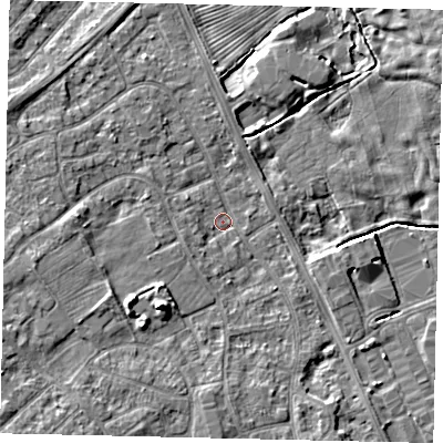 Shaded relief map of the ground around HU179NZ, computed from Environment Agency LiDAR. The ground here sits at about 4 m above sea level and falls 6 m across the surrounding 800 m. Surface water reaching this point runs off ground lying to the west-south-west, 3.4 m higher.