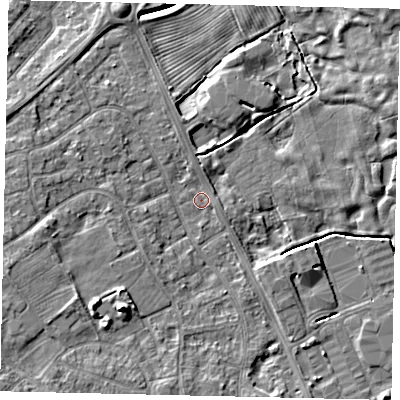 Shaded relief map of the ground around HU179PA, computed from Environment Agency LiDAR. The ground here sits at about 4 m above sea level and falls 6 m across the surrounding 800 m. Surface water reaching this point runs off ground lying to the west-south-west, 3.7 m higher.
