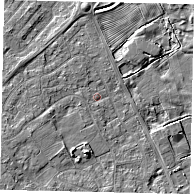 Shaded relief map of the ground around HU179PB, computed from Environment Agency LiDAR. The ground here sits at about 4 m above sea level and falls 6 m across the surrounding 800 m. Surface water reaching this point runs off ground lying to the west, 1.2 m higher.