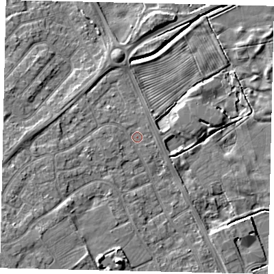 Shaded relief map of the ground around HU179PE, computed from Environment Agency LiDAR. The ground here sits at about 4 m above sea level and falls 7 m across the surrounding 800 m. Surface water reaching this point runs off ground lying to the south-west, 2.9 m higher.