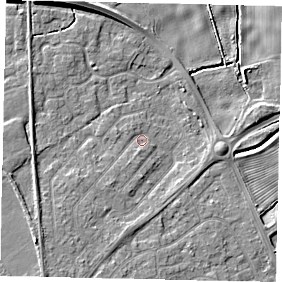 Shaded relief map of the ground around HU179QR, computed from Environment Agency LiDAR. The ground here sits at about 4 m above sea level and falls 11 m across the surrounding 800 m. Surface water reaching this point runs off ground lying to the south-west, 2.1 m higher.