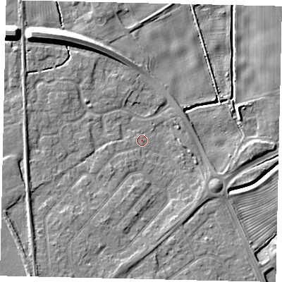 Shaded relief map of the ground around HU179RE, computed from Environment Agency LiDAR. The ground here sits at about 4 m above sea level and falls 12 m across the surrounding 800 m. Surface water reaching this point runs off ground lying to the south-south-west, 3.2 m higher.