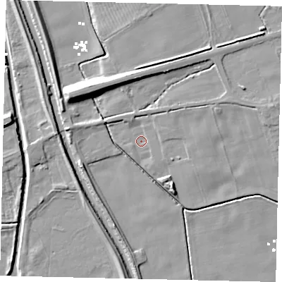 Shaded relief map of the ground around HU179RY, computed from Environment Agency LiDAR. The ground here sits at about 1 m above sea level and falls 8 m across the surrounding 800 m. Surface water reaching this point runs off ground lying to the east-north-east, 1.6 m higher.