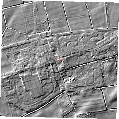 Shaded relief map of the ground around HU179RZ, computed from Environment Agency LiDAR. The ground here sits at about 4 m above sea level and falls 5 m across the surrounding 800 m. Surface water reaching this point runs off ground lying to the north-north-west, 1.2 m higher.