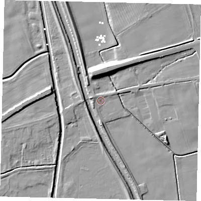 Shaded relief map of the ground around HU179SB, computed from Environment Agency LiDAR. The ground here sits at about 2 m above sea level and falls 8 m across the surrounding 800 m. Surface water reaching this point runs off ground lying to the west-north-west, 3.1 m higher.