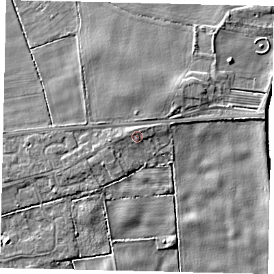 Shaded relief map of the ground around HU179SH, computed from Environment Agency LiDAR. The ground here sits at about 4 m above sea level and falls 7 m across the surrounding 800 m. Surface water reaching this point runs off ground lying to the north-north-west, 1.5 m higher.