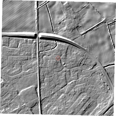 Shaded relief map of the ground around HU179UN, computed from Environment Agency LiDAR. The ground here sits at about 5 m above sea level and falls 12 m across the surrounding 800 m. Surface water reaching this point runs off ground lying to the west-north-west, 1.0 m higher.