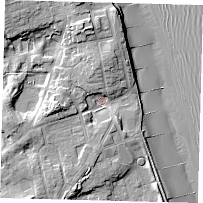 Shaded relief map of the ground around HU181PH, computed from Environment Agency LiDAR. The ground here sits at about 4 m above sea level and falls 17 m across the surrounding 800 m. Surface water reaching this point runs off ground lying to the west, 10.4 m higher.