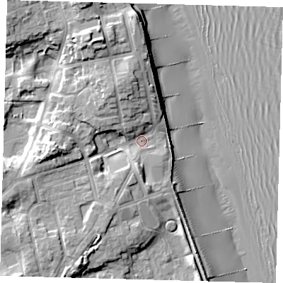 Shaded relief map of the ground around HU181PW, computed from Environment Agency LiDAR. The ground here sits at about 5 m above sea level and falls 17 m across the surrounding 800 m. Surface water reaching this point runs off ground lying to the west, 10.4 m higher.