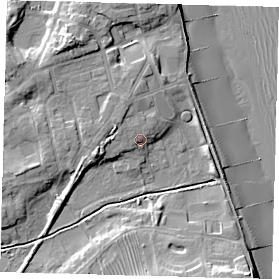 Shaded relief map of the ground around HU181QB, computed from Environment Agency LiDAR. The ground here sits at about 7 m above sea level and falls 16 m across the surrounding 800 m. Surface water reaching this point runs off ground lying to the north-west, 2.4 m higher.