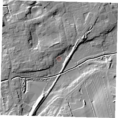 Shaded relief map of the ground around HU181QZ, computed from Environment Agency LiDAR. The ground here sits at about 4 m above sea level and falls 13 m across the surrounding 800 m. Surface water reaching this point runs off ground lying to the north-west, 4.5 m higher.