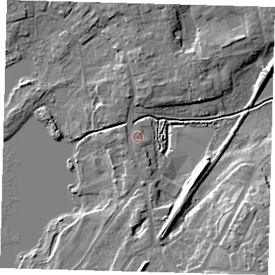 Shaded relief map of the ground around HU181RE, computed from Environment Agency LiDAR. The ground here sits at about 6 m above sea level and falls 14 m across the surrounding 800 m. Surface water reaching this point runs off ground lying to the south, 2.3 m higher.