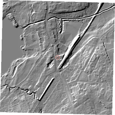Shaded relief map of the ground around HU181RG, computed from Environment Agency LiDAR. The ground here sits at about 8 m above sea level and falls 16 m across the surrounding 800 m. Surface water reaching this point runs off ground lying to the south-east, 9.9 m higher.