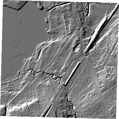 Shaded relief map of the ground around HU181RL, computed from Environment Agency LiDAR. The ground here sits at about 7 m above sea level and falls 17 m across the surrounding 800 m. Surface water reaching this point runs off ground lying to the south-south-east, 2.4 m higher.