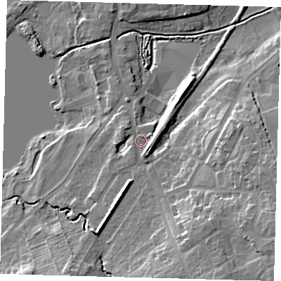 Shaded relief map of the ground around HU181RQ, computed from Environment Agency LiDAR. The ground here sits at about 8 m above sea level and falls 16 m across the surrounding 800 m. Surface water reaching this point runs off ground lying to the south-south-east, 9.9 m higher.