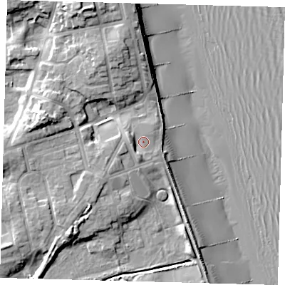 Shaded relief map of the ground around HU181RU, computed from Environment Agency LiDAR. The ground here sits at about 6 m above sea level and falls 17 m across the surrounding 800 m. Surface water reaching this point runs off ground lying to the west, 2.9 m higher.