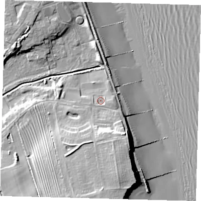 Shaded relief map of the ground around HU181TJ, computed from Environment Agency LiDAR. The ground here sits at about 5 m above sea level and falls 19 m across the surrounding 800 m. Surface water reaching this point runs off ground lying to the south, 11.6 m higher.