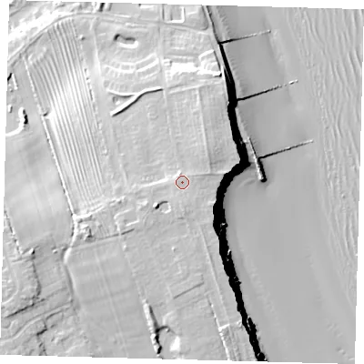 Shaded relief map of the ground around HU181TL, computed from Environment Agency LiDAR. The ground here sits at about 16 m above sea level and falls 21 m across the surrounding 800 m. Surface water reaching this point runs off ground lying to the south, 1.2 m higher.
