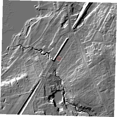 Shaded relief map of the ground around HU181UA, computed from Environment Agency LiDAR. The ground here sits at about 9 m above sea level and falls 17 m across the surrounding 800 m. Surface water reaching this point runs off ground lying to the south-south-west, 12.3 m higher.