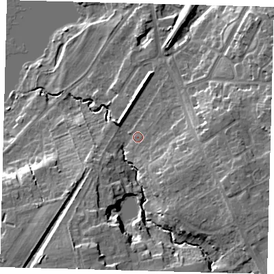 Shaded relief map of the ground around HU181UG, computed from Environment Agency LiDAR. The ground here sits at about 10 m above sea level and falls 17 m across the surrounding 800 m. Surface water reaching this point runs off ground lying to the east-south-east, 6.0 m higher.