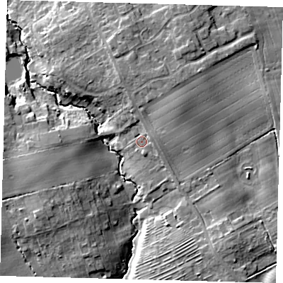 Shaded relief map of the ground around HU181UR, computed from Environment Agency LiDAR. The ground here sits at about 14 m above sea level and falls 12 m across the surrounding 800 m. Surface water reaching this point runs off ground lying to the north-east, 2.5 m higher.