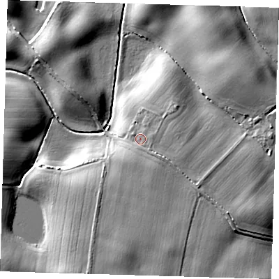 Shaded relief map of the ground around HU192BY, computed from Environment Agency LiDAR. The ground here sits at about 8 m above sea level and falls 12 m across the surrounding 800 m. Surface water reaching this point runs off ground lying to the south-east, 2.7 m higher.