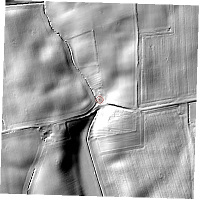 Shaded relief map of the ground around HU192DD, computed from Environment Agency LiDAR. The ground here sits at about 5 m above sea level and falls 15 m across the surrounding 800 m. Surface water reaching this point runs off ground lying to the north-east, 12.7 m higher.