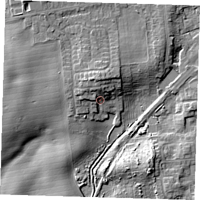 Shaded relief map of the ground around HU192DE, computed from Environment Agency LiDAR. The ground here sits at about 7 m above sea level and falls 10 m across the surrounding 800 m. Surface water reaching this point runs off ground lying to the north, 6.3 m higher.