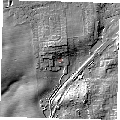 Shaded relief map of the ground around HU192DF, computed from Environment Agency LiDAR. The ground here sits at about 5 m above sea level and falls 10 m across the surrounding 800 m. Surface water reaching this point runs off ground lying to the north-north-west, 5.4 m higher.