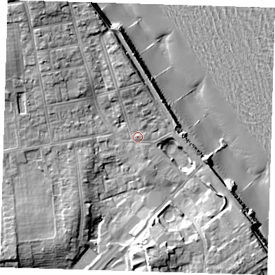 Shaded relief map of the ground around HU192DL, computed from Environment Agency LiDAR. The ground here sits at about 7 m above sea level and falls 17 m across the surrounding 800 m. Surface water reaching this point runs off ground lying to the north-west, 7.5 m higher.