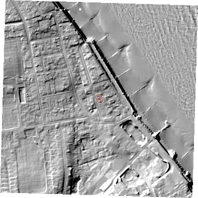 Shaded relief map of the ground around HU192DU, computed from Environment Agency LiDAR. The ground here sits at about 8 m above sea level and falls 17 m across the surrounding 800 m. Surface water reaching this point runs off ground lying to the north-north-west, 1.8 m higher.
