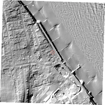 Shaded relief map of the ground around HU192DW, computed from Environment Agency LiDAR. The ground here sits at about 7 m above sea level and falls 18 m across the surrounding 800 m. Surface water reaching this point runs off ground lying to the north-north-west, 3.4 m higher.