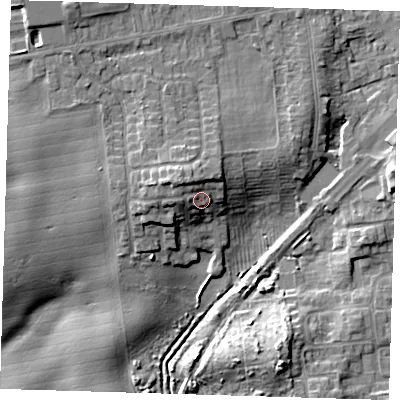 Shaded relief map of the ground around HU192ET, computed from Environment Agency LiDAR. The ground here sits at about 9 m above sea level and falls 10 m across the surrounding 800 m. Surface water reaching this point runs off ground lying to the north-west, 4.8 m higher.