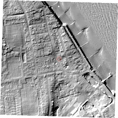 Shaded relief map of the ground around HU192FA, computed from Environment Agency LiDAR. The ground here sits at about 7 m above sea level and falls 17 m across the surrounding 800 m. Surface water reaching this point runs off ground lying to the north-north-west, 7.6 m higher.