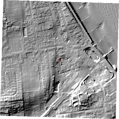 Shaded relief map of the ground around HU192GY, computed from Environment Agency LiDAR. The ground here sits at about 7 m above sea level and falls 16 m across the surrounding 800 m. Surface water reaching this point runs off ground lying to the north-west, 8.0 m higher.