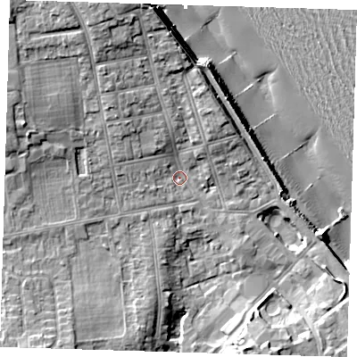 Shaded relief map of the ground around HU192HA, computed from Environment Agency LiDAR. The ground here sits at about 7 m above sea level and falls 17 m across the surrounding 800 m. Surface water reaching this point runs off ground lying to the north-north-west, 7.4 m higher.