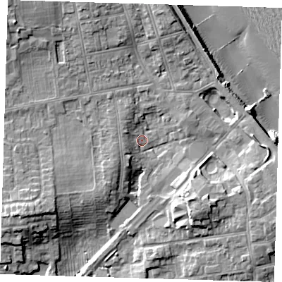 Shaded relief map of the ground around HU192HD, computed from Environment Agency LiDAR. The ground here sits at about 6 m above sea level and falls 16 m across the surrounding 800 m. Surface water reaching this point runs off ground lying to the west-south-west, 3.2 m higher.