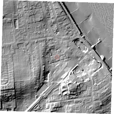 Shaded relief map of the ground around HU192HE, computed from Environment Agency LiDAR. The ground here sits at about 6 m above sea level and falls 15 m across the surrounding 800 m. Surface water reaching this point runs off ground lying to the north-west, 7.4 m higher.
