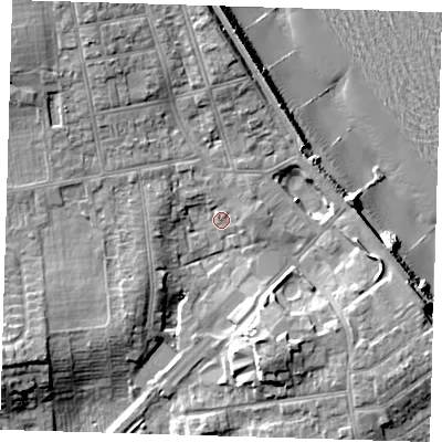 Shaded relief map of the ground around HU192HF, computed from Environment Agency LiDAR. The ground here sits at about 6 m above sea level and falls 15 m across the surrounding 800 m. Surface water reaching this point runs off ground lying to the east, 2.2 m higher.