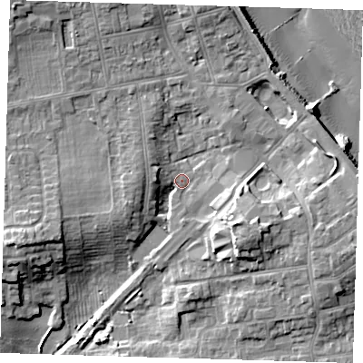 Shaded relief map of the ground around HU192JL, computed from Environment Agency LiDAR. The ground here sits at about 6 m above sea level and falls 15 m across the surrounding 800 m. Surface water reaching this point runs off ground lying to the south-east, 7.1 m higher.