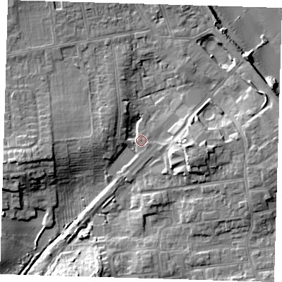 Shaded relief map of the ground around HU192JN, computed from Environment Agency LiDAR. The ground here sits at about 5 m above sea level and falls 15 m across the surrounding 800 m. Surface water reaching this point runs off ground lying to the east, 8.5 m higher.