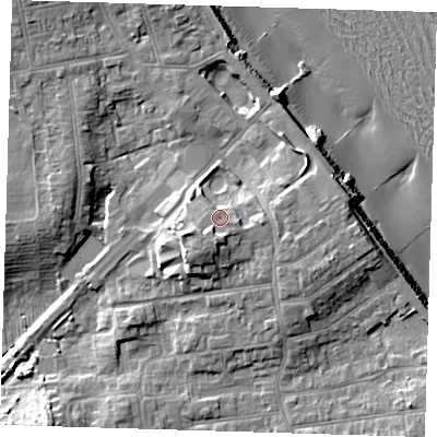 Shaded relief map of the ground around HU192QB, computed from Environment Agency LiDAR. The ground here sits at about 10 m above sea level and falls 15 m across the surrounding 800 m. Surface water reaching this point runs off ground lying to the south, 1.5 m higher.
