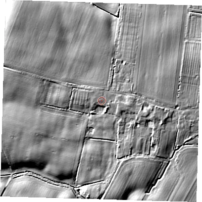 Shaded relief map of the ground around HU192RZ, computed from Environment Agency LiDAR. The ground here sits at about 9 m above sea level and falls 9 m across the surrounding 800 m. Surface water reaching this point runs off ground lying to the south-west, 2.2 m higher.