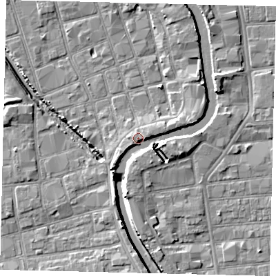 Shaded relief map of the ground around HU20AA, computed from Environment Agency LiDAR. The ground here sits at about 4 m above sea level and falls 7 m across the surrounding 800 m. Surface water reaching this point runs off ground lying to the east-south-east, 6.6 m higher.