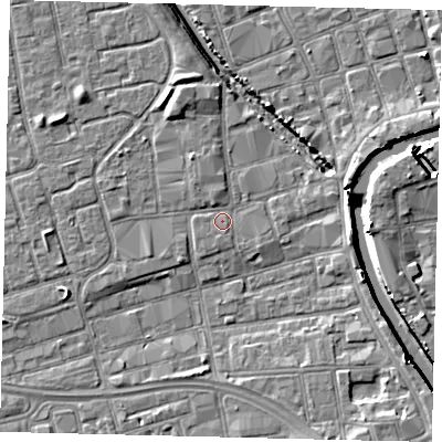 Shaded relief map of the ground around HU20AE, computed from Environment Agency LiDAR. The ground here sits at about 3 m above sea level and falls 7 m across the surrounding 800 m. Surface water reaching this point runs off ground lying to the south-south-east, 0.6 m higher.